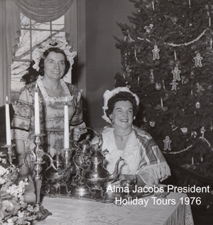 Photograph of Alma Jacobs, long time president of Women for Greater Philadelphia at the 1976 holiday tours at Laurel Hill Mansion