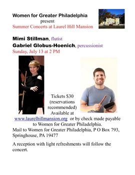 Flyer for the July 13, 2025 afternoon concert at historic Laurel Hill Mansion in East Fairmount Park in Philadelphia PA